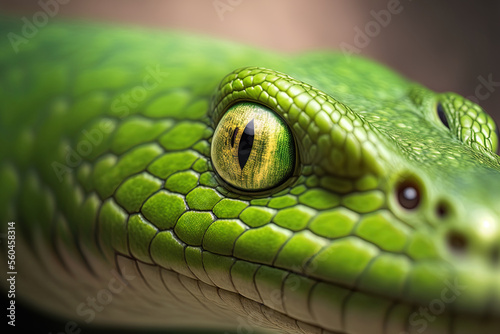 a scary green snake in close up. Generative AI