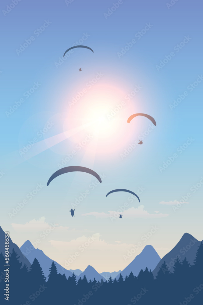 paragliding adventure with friends on mountain landscape at sunset