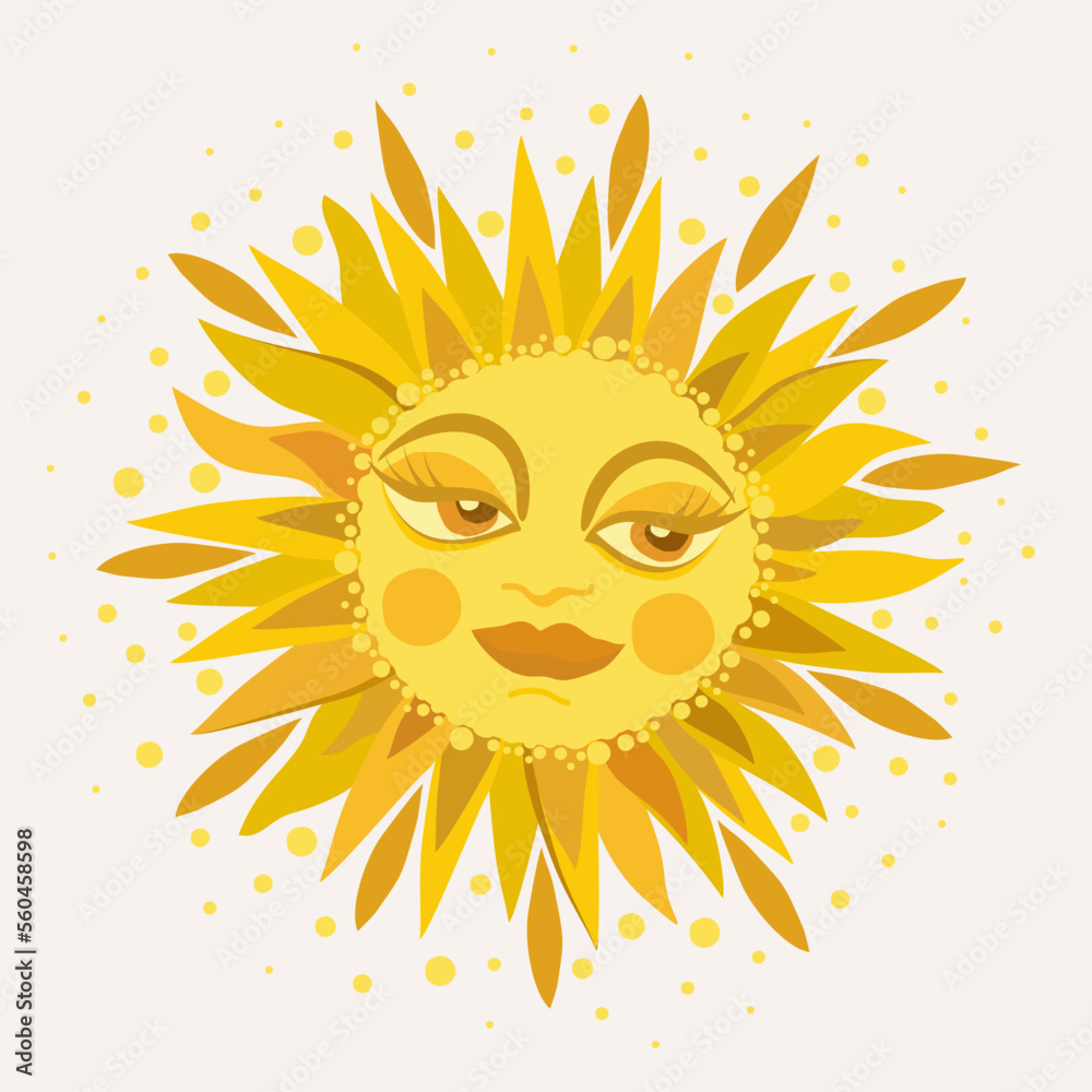 Bright sun with big eyes and long eyelashes. Vector illustration isolated on light background. Bright sun with big eyes and long eyelashes. Vector illustration isolated on light background.