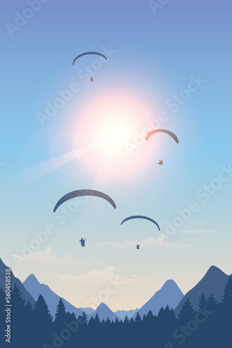 paragliding adventure with friends on mountain landscape at sunset