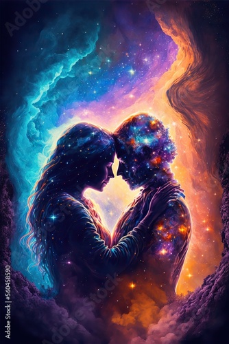 Lover silhouettes. Valentine and romantic concept. Fantasy galaxy background. Generative ai.