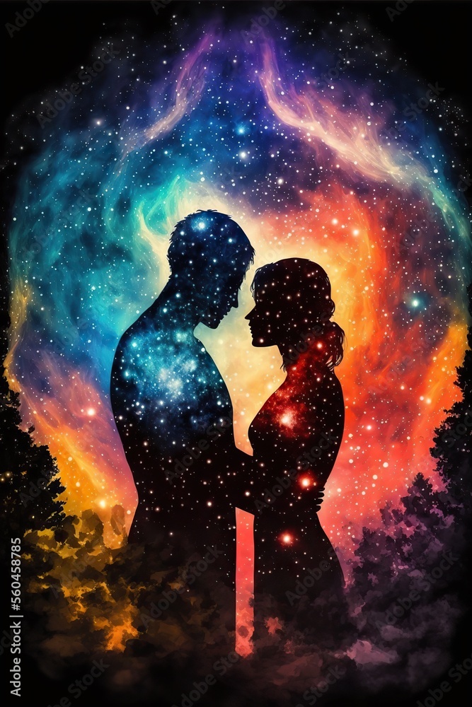 Lover silhouettes. Eternal love. Cosmic love. Two souls. Valentine and romantic concept. Fantasy galaxy background. Generative ai.