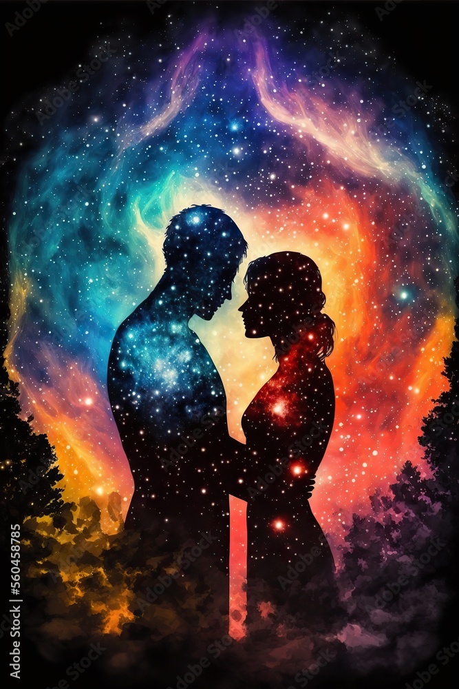 Fototapeta premium Lover silhouettes. Eternal love. Cosmic love. Two souls. Valentine and romantic concept. Fantasy galaxy background. Generative ai.