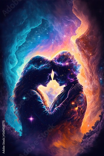 Lover silhouettes. Eternal love. Two souls. Valentine and romantic concept. Fantasy galaxy background. Generative ai.