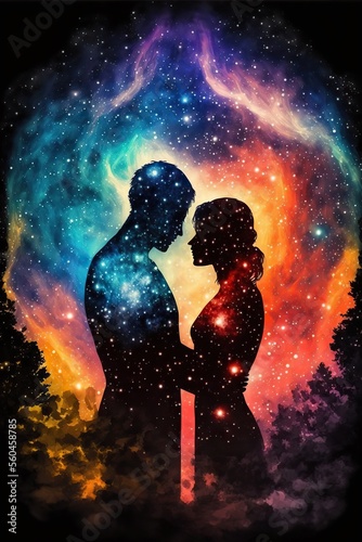 Lover silhouettes. Eternal love. Cosmic love. Two souls. Valentine and romantic concept. Fantasy galaxy background. Generative ai.
