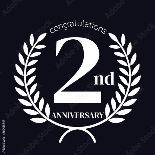 2nd anniversary logo,with Laurel Wreath ,black and white style. Vector Illustration