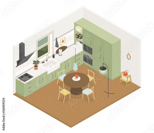 Spacious kitchen with furniture - vector colorful isometric illustration