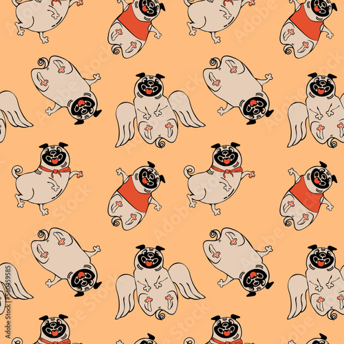 Seamless pattern with playful pug dog on solid background