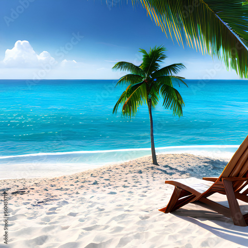 Beach with coconut trees and a beach chair