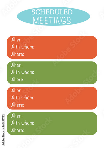 Sheet template for scheduled meetings. Minimalistic, simple, bright. A4. Vector graphic. 