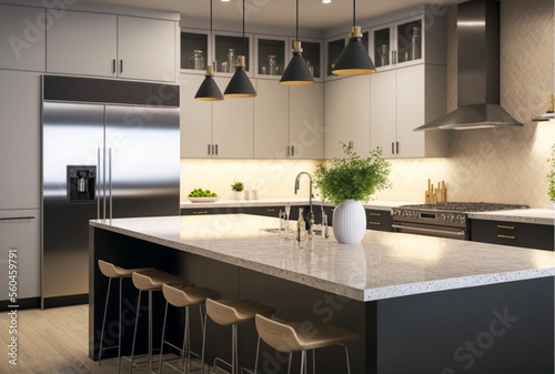 Luxury stylish modern large kitchen interior with furniture and kitchen utensils in an apartment home
