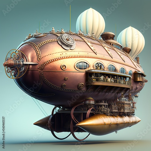 Golden steampunk balloon. Fantasy scene. Generative ai.