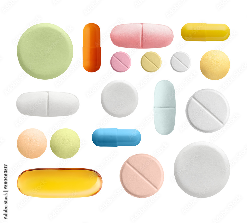 Set of different colourful pills isolated on white or transparent background. Pharmacy, pharmacology, medicine. - obrazy, fototapety, plakaty 