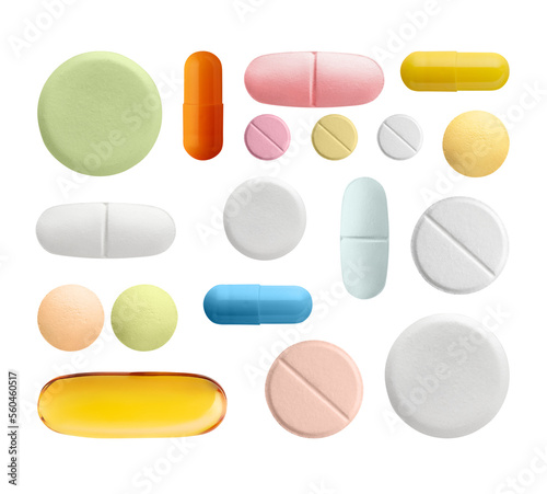 Fototapete Set of different colourful pills isolated on white or transparent background