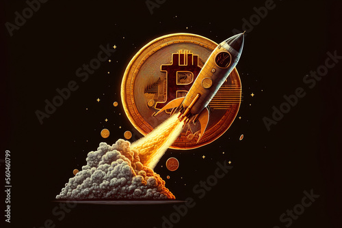 Fototapet Rocket launcher in the Bitcoin logo represents cryptocurrencies