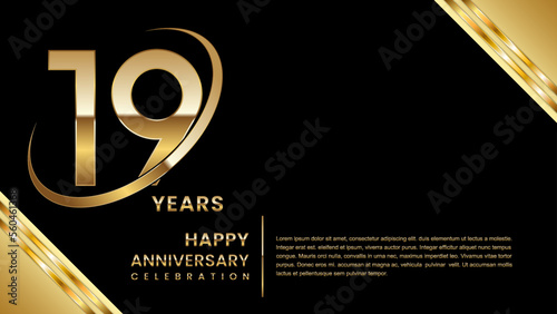 19th Anniversary Celebration. Template design with gold color for anniversary celebration event, invitation, banner, poster, flyer, greeting card. Logo Vector Template Illustration