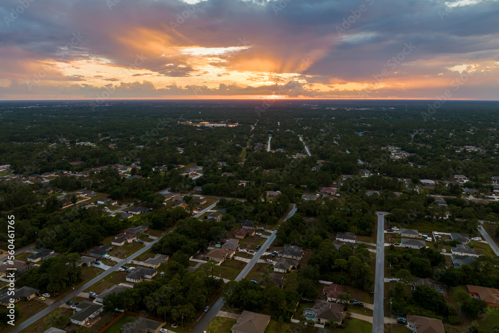Aerial view of suburban landscape with private homes between green palm trees in Florida quiet residential area in evening