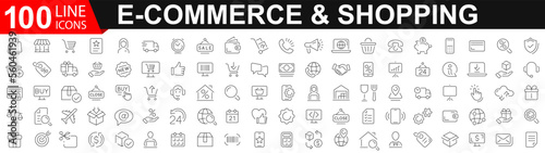 Fototapeta Naklejka Na Ścianę i Meble -  E-commerce icon 100 set. Shopping icons 100 set. Online shopping. Delivery elements. Outline icons collection. E-commerce for web development. Vector illustration