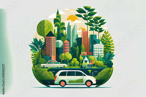 green ecology city with environment car. save the world and energy concept