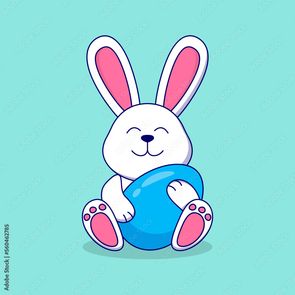 Cute Easter Bunny with a blue egg on a turquoise  background