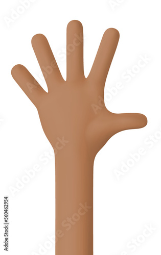 Hello - hand gesture. Unclenched hand of an African American. The finger count is number five. All fingers unclenched. Hand isolated on white. 3D cartoon friendly funny style. 3d vector illustration
