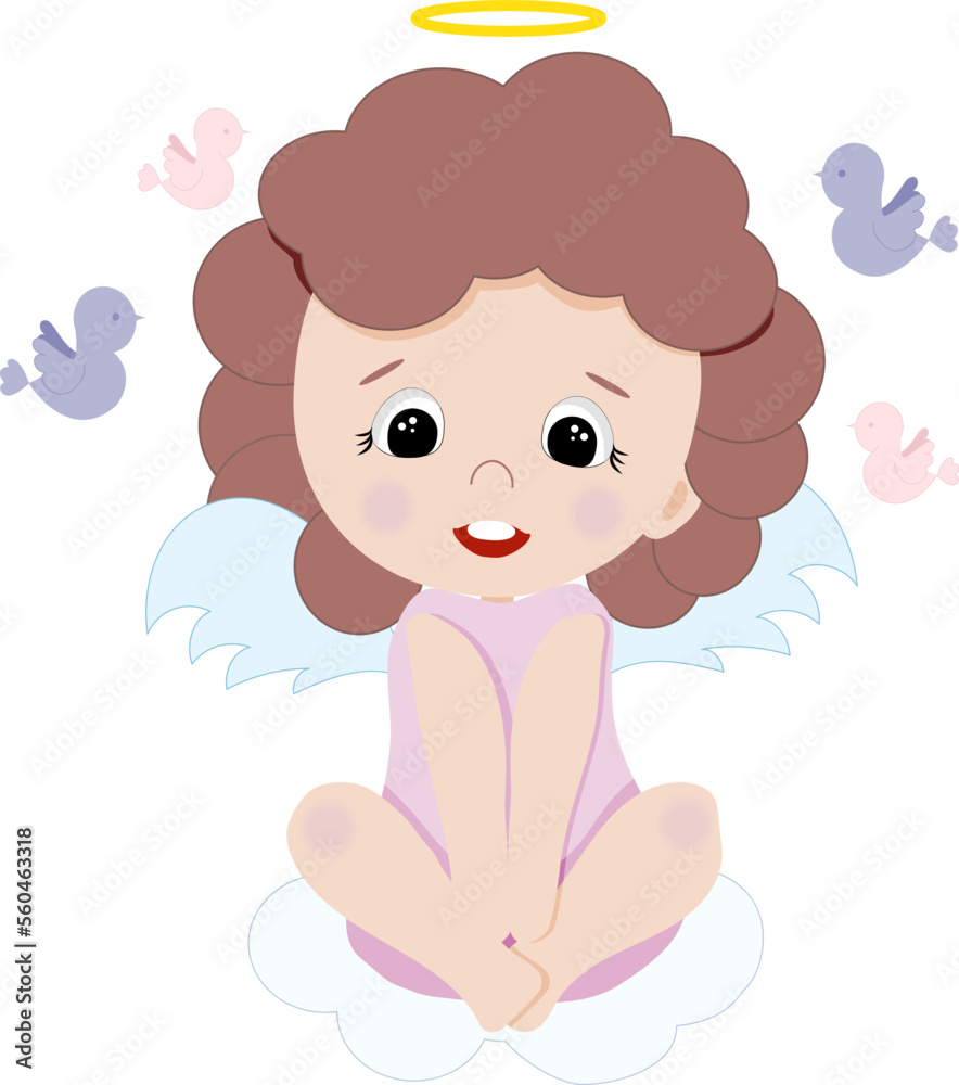 Cute cartoon angel girl with birds. Element for print, postcard and poster isolate on white background. Vector illustration Cute cartoon angel girl with birds. Element for print, postcard and poster isolate on white background. Vector illustration