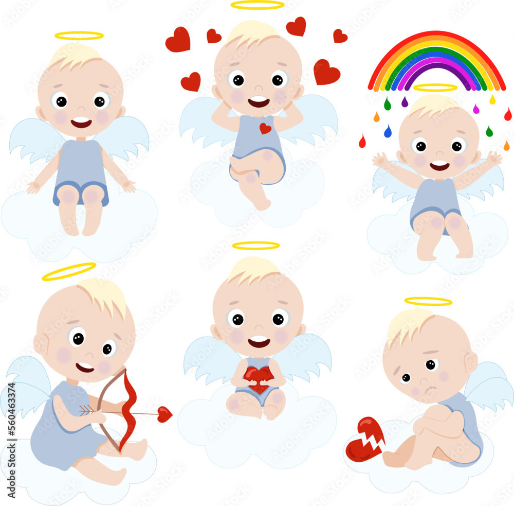 Set of cute cartoon angel boys. Element for print, postcard and poster isolate on white background. Vector illustration Set of cute cartoon angel boys. Element for print, postcard and poster isolate on white background. Vector illustration