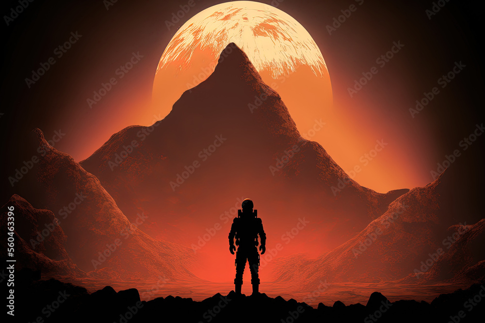 A silhouette of an astronaut standing on Mars' Rocky Mountain is shown. Mars's first manned mission. colonization and space exploration. Generative AI