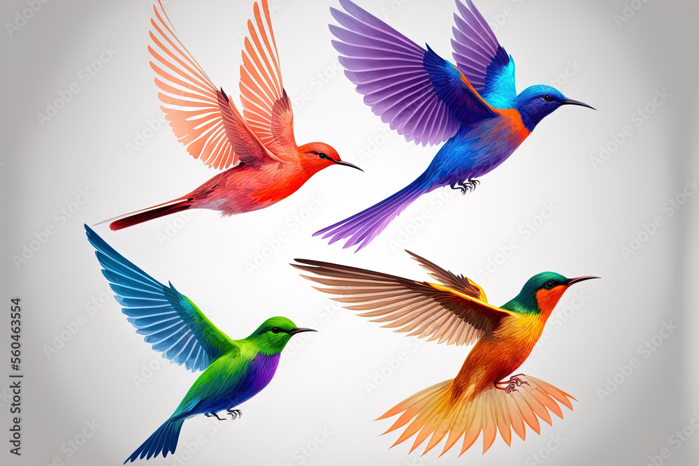set of color birds in flight isolated on a white background. Generative AI set of color birds in flight isolated on a white background. Generative AI