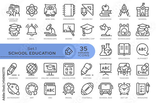 Set of conceptual icons. Vector icons in flat linear style for web sites, applications and other graphic resources. Set from the series - School Education. Editable outline icon.	