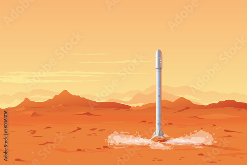 One big metallic rocket landind on the Maps planet, martian landscape with mountains and orange sky, sand hills with stones on a deserted planet, colonization concept illustration background