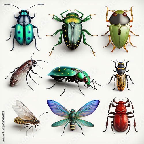 Realistic insects icons on white background, Generative AI   © Emre