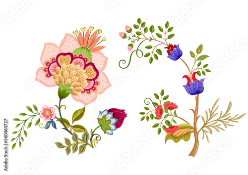 Fantasy flowers in retro, vintage, jacobean embroidery style. Element for design. Vector illustration.