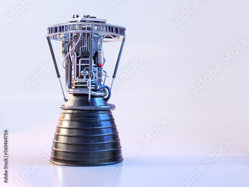 Cryogenic rocket one nozzle engine with fuel oxidizer turbopumps, injector, pyrotechnic initiator, combustion chamber, cryo valves. Liquid fuel (hydrogen, oxygen) rocket buster. Rocket technology 3D photo