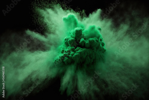 Abstract dust explosion in motion, frozen in green on a dark background. Stop the green powder on the black background from moving. Green powder for explosives on a dark background. Generative AI