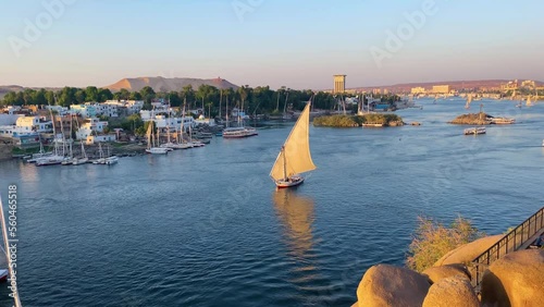 Beautiful landscape with felucca boats on the Nile river in Aswan, Egypt