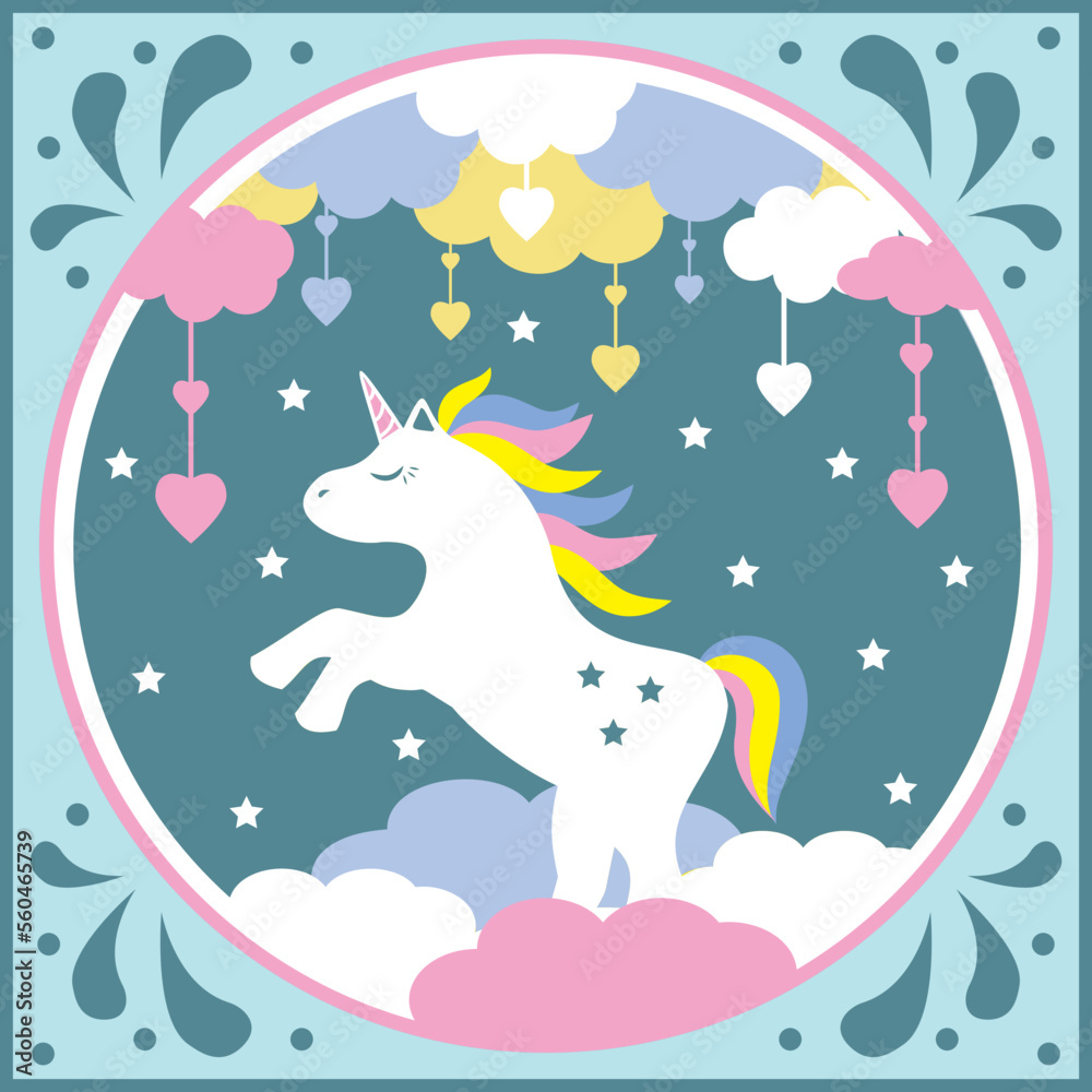 Cute Unicorn, colorful cartoon character pony on clouds, multi-layer greeting card template