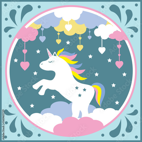Cute Unicorn  colorful cartoon character pony on clouds  multi-layer greeting card template