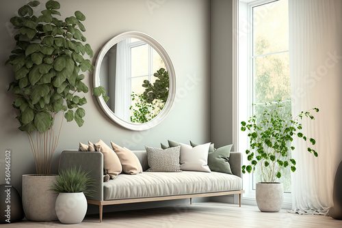 Interior of light living room with comfortable sofa, houseplants and mirror near light wall. Generative AI