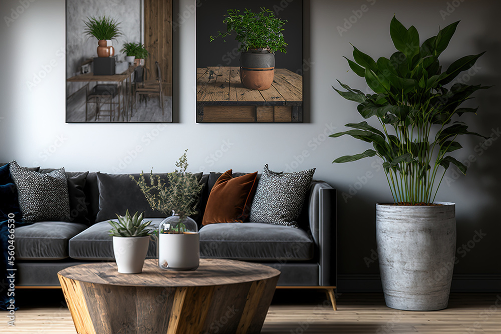 Two wooden coffee tables with plant in pot in front of grey corner sofa in fashionable living room interior. Generative AI