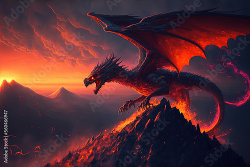Fire breathes explode from a giant dragon in a black night, the epic battle evil concept art (ai generated)