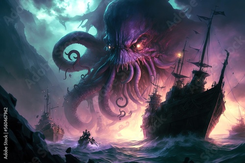 A giant purple octopus kraken monster attacking pirate ships in the dark ocean from the sky, generative ai photo