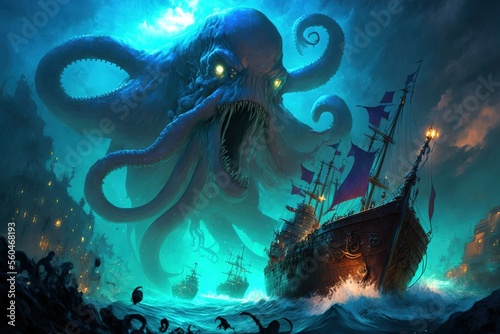 A scary blue giant octopus kraken monster attacking a pirate ship in the dark ocean, generative ai photo