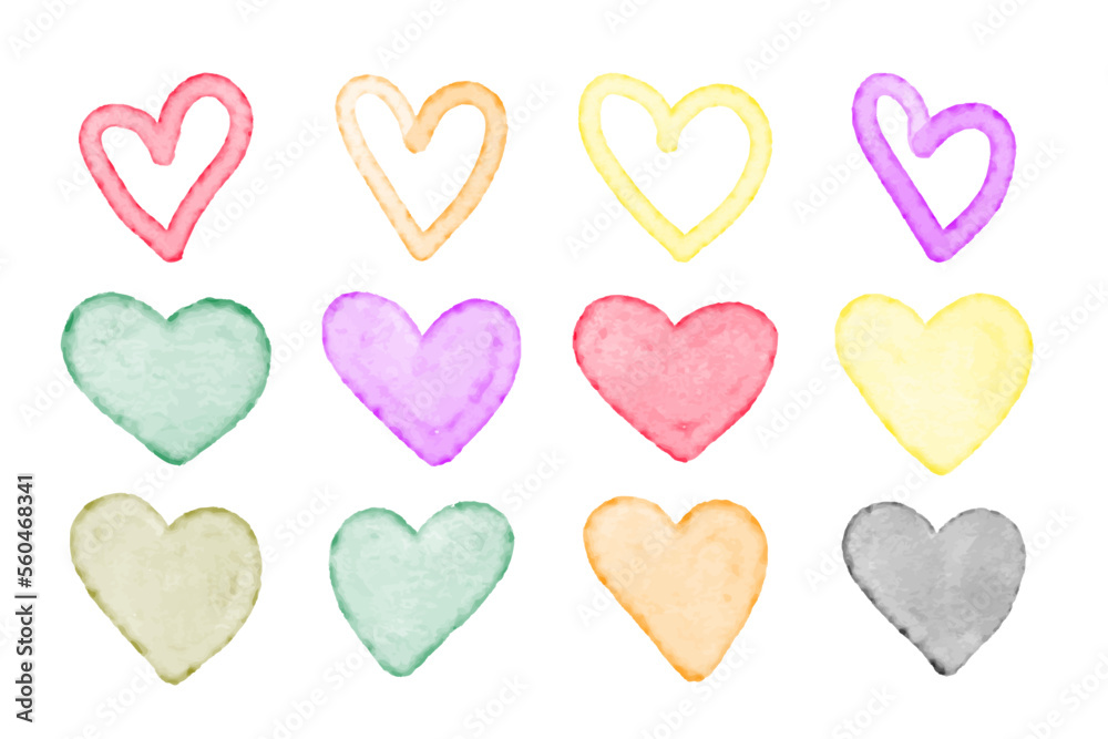 Set of watercolor painted hearts. Handmade painting. Vector illustration.