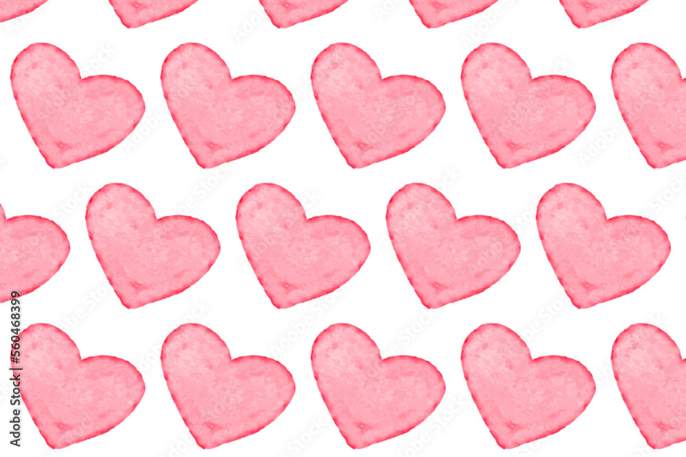 Seamless pattern of watercolor hearts. Pink watercolor heart pattern. Colorful watercolor romantic texture.