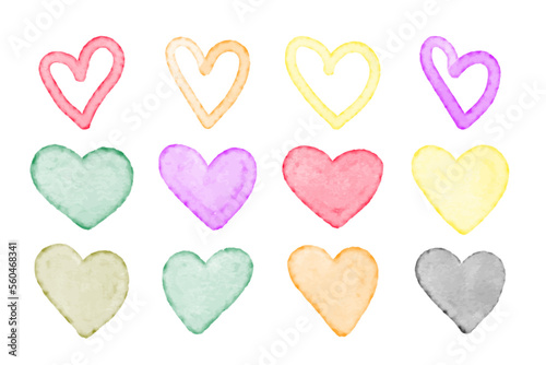 Set of watercolor painted hearts. Handmade painting. Vector illustration.