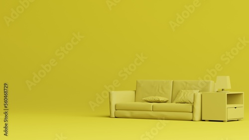 simple minimalist 3d render yellow monochrome room with couch. 3d rendering illustration