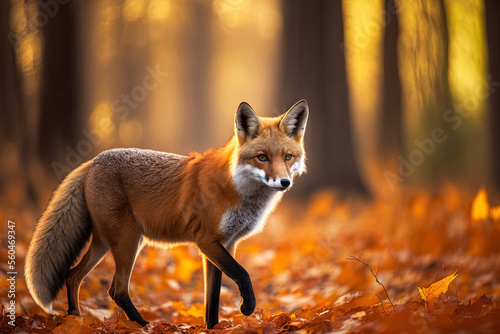 Cute Red Fox, Vulpes vulpes, in a forest in the fall. lovely animal in its natural habitat. Animal scene from the wilds of Europe, Germany. Animal in a cute habitat. Red fox trotting across autumn's o