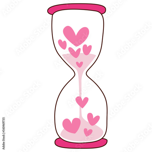 Hourglass and heart, time of love. couple's duration. Cute hourglass and pink heart. hand drawn for decorating the wedding card for valentine's day and love stroy concept.
