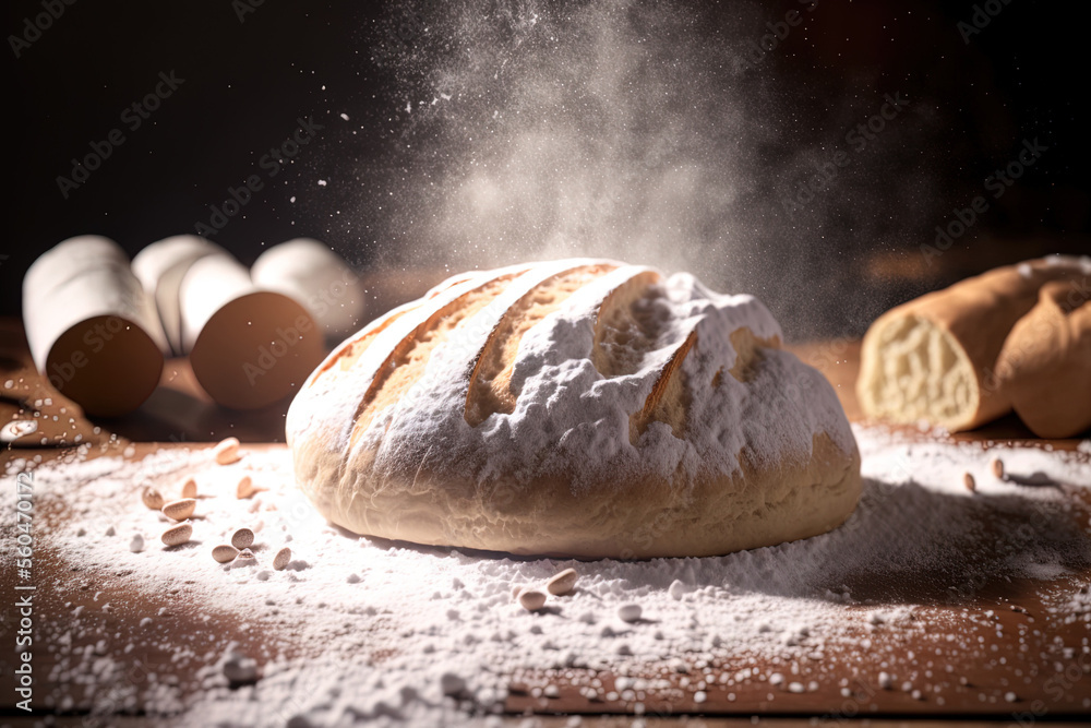 Close up of fresh bread on a table covered in flour. On the dining room table was fresh bread. the idea of a traditional bakery and healthy eating. rustic fashion. Generative AI Close up of fresh bread on a table covered in flour. On the dining room table was fresh bread. the idea of a traditional bakery and healthy eating. rustic fashion. Generative AI